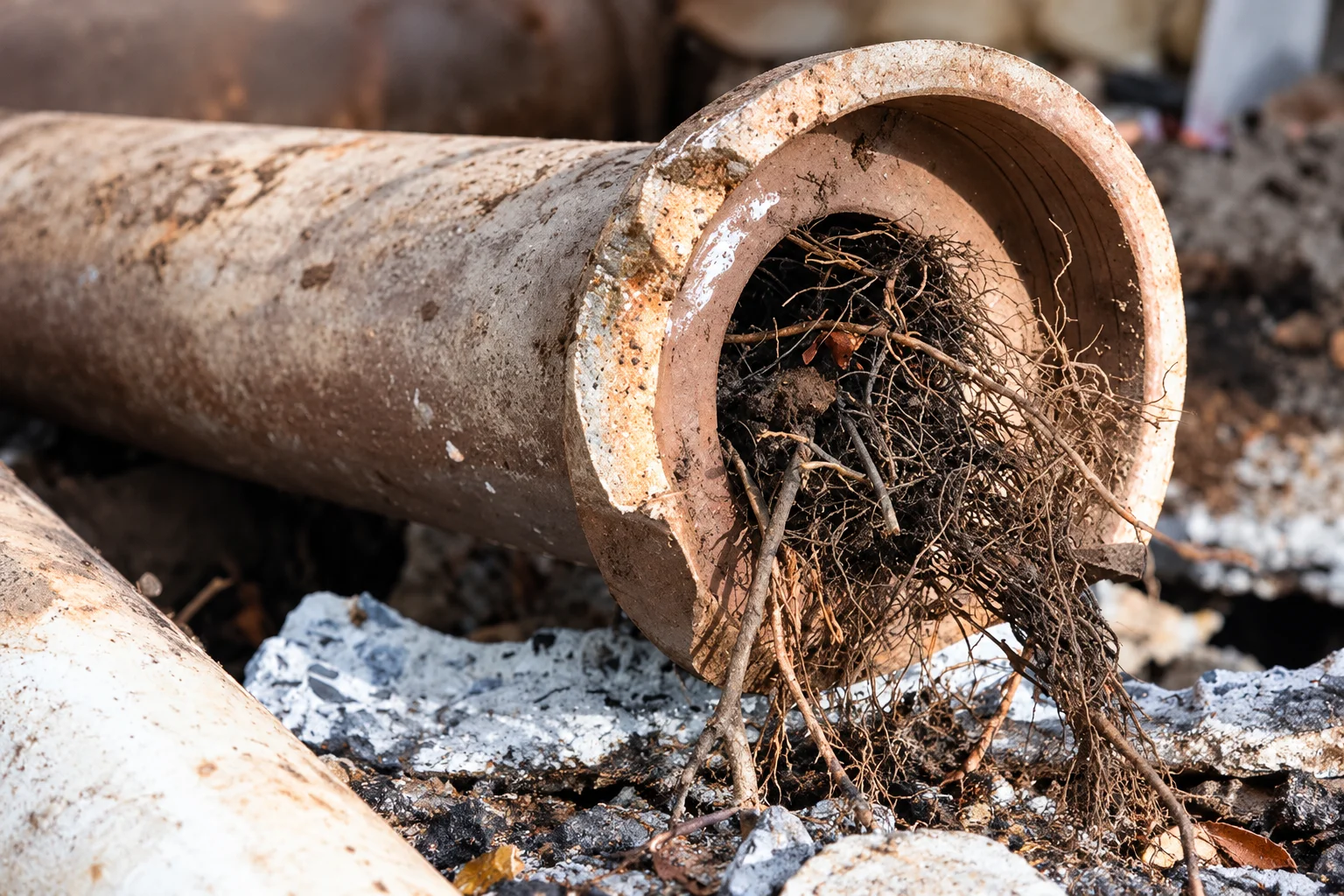 Damaged stormwater drainage pipe blocked by tree roots, requiring professional pipe repairs to clear the blocked stormwater drain.