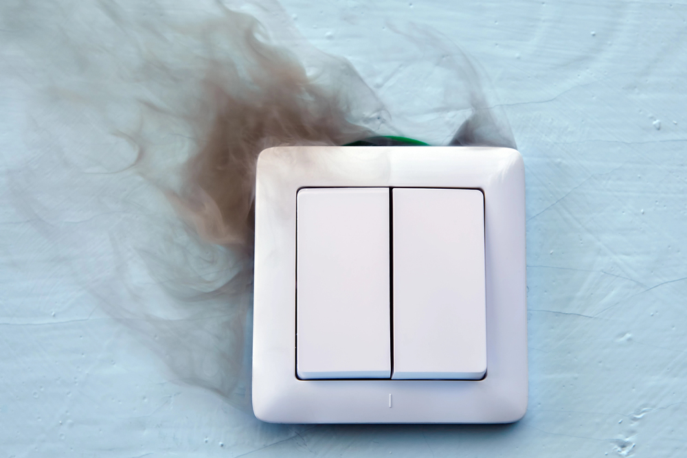 Wall light switch with burn marks indicating a possible electrical wiring fault