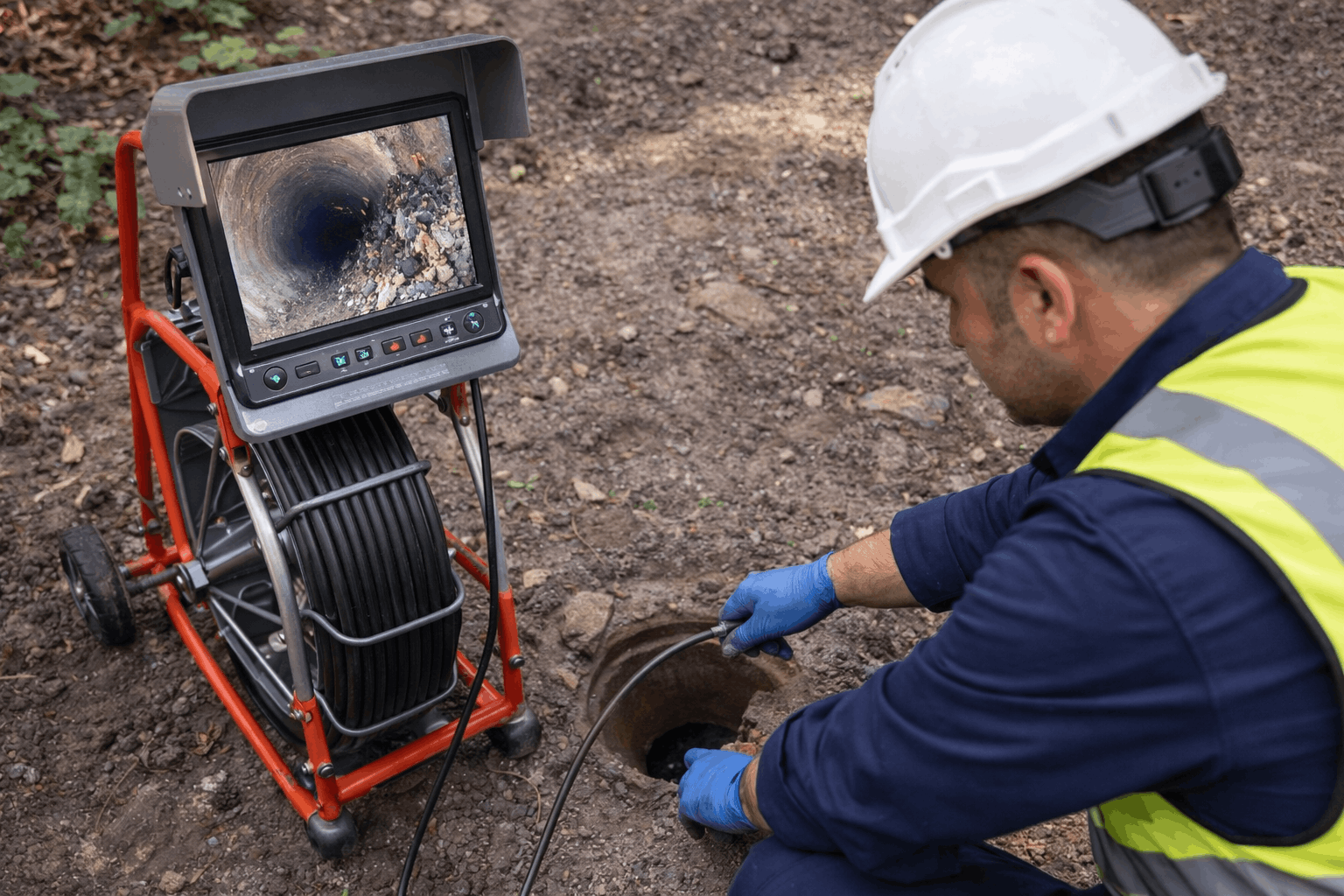 Plumber using a CCTV drain camera to inspect a blocked underground pipe.
