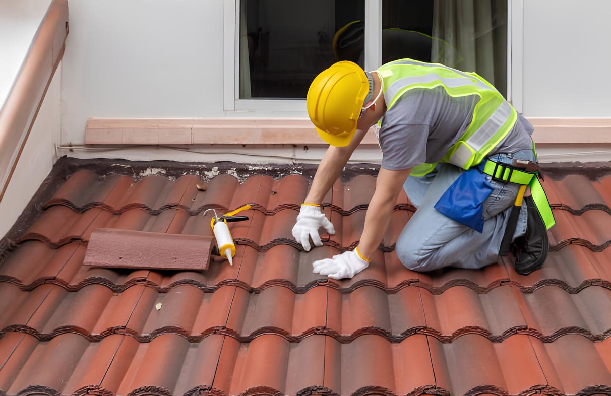 A City2surf worker in a hard hat and high-vis vest performing professional roof tile repairs on a residential home.