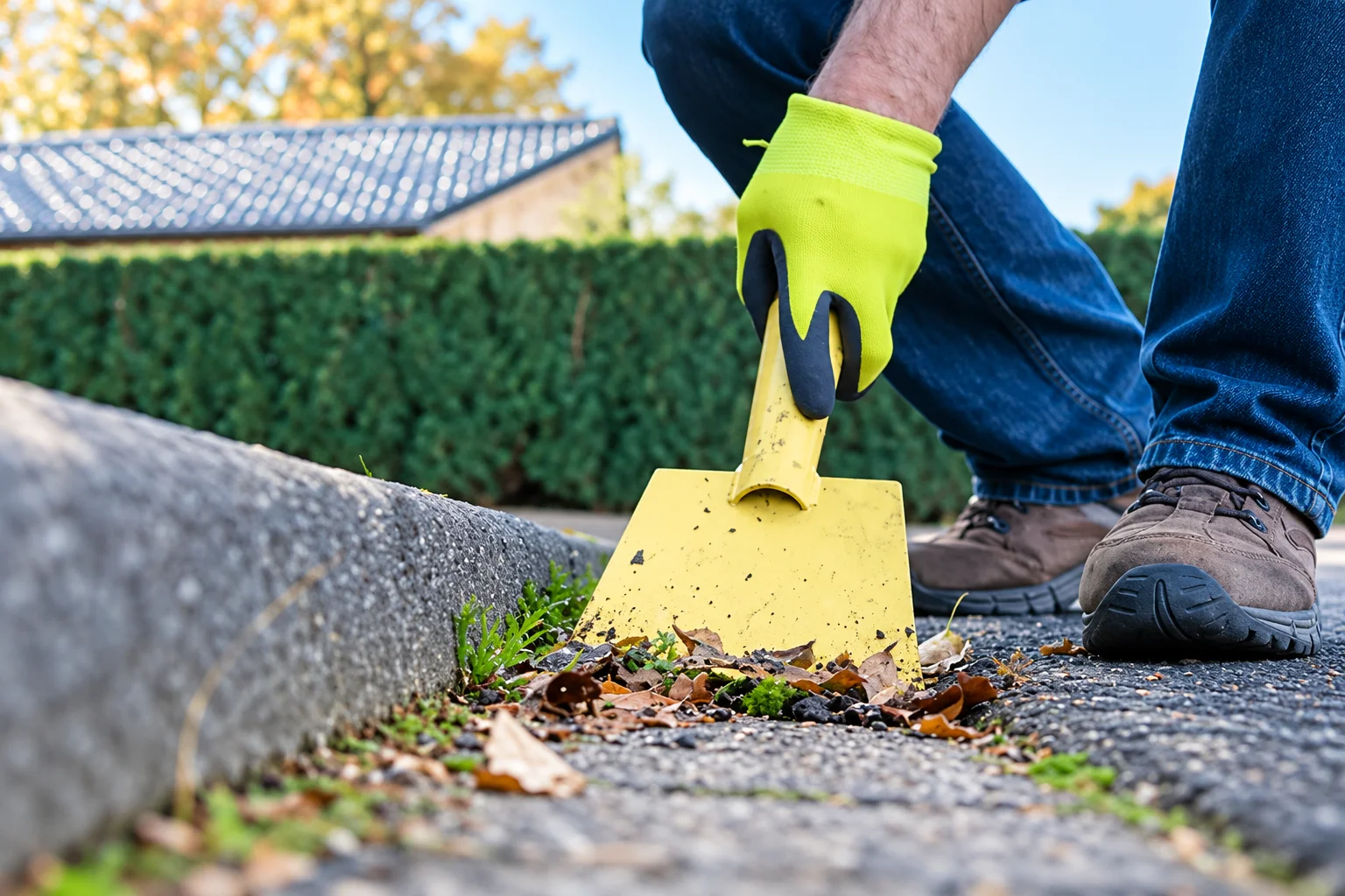 Worker using a gutter scoop to remove leaves and debris from a roof gutter.