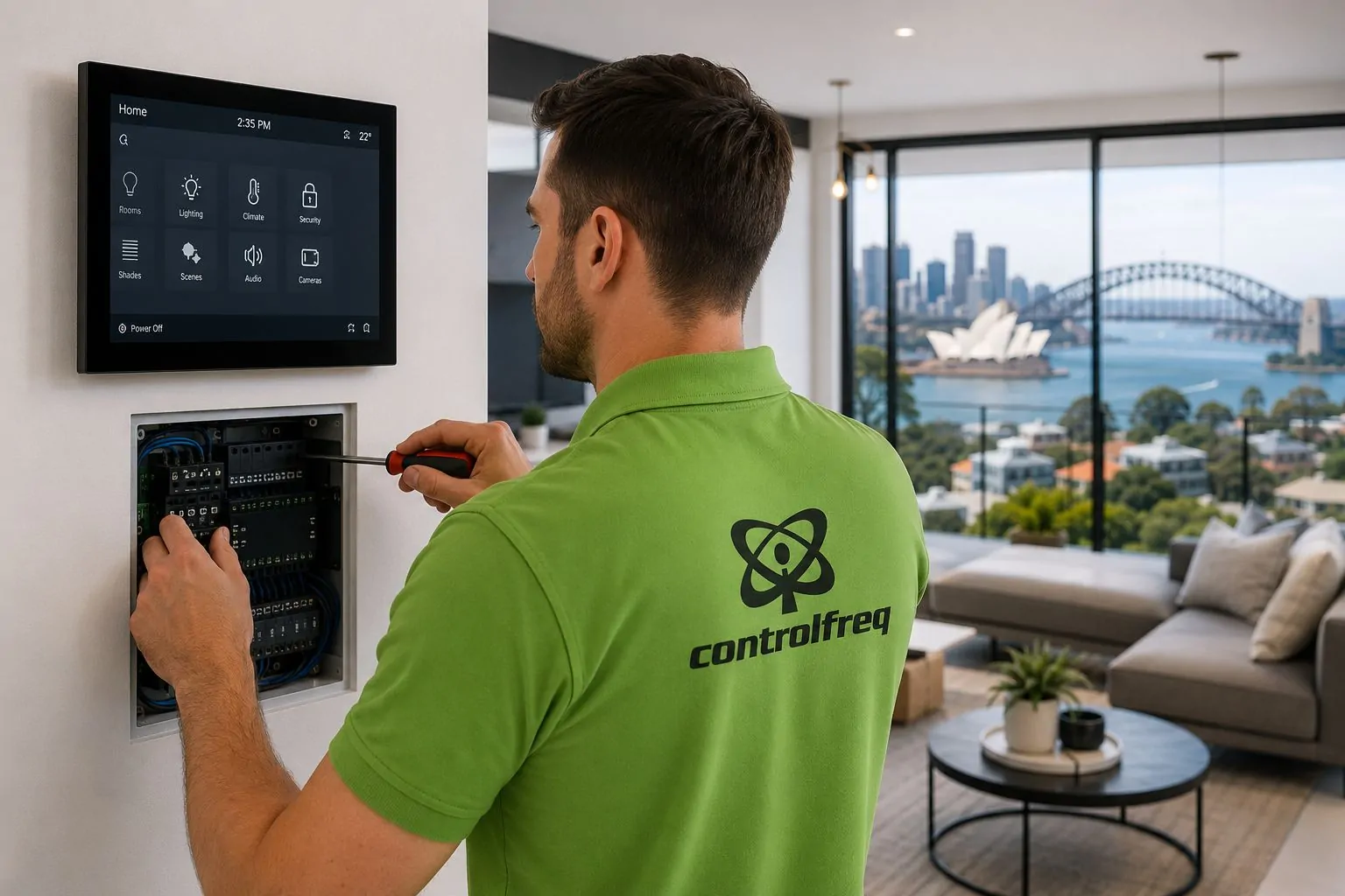A ControlFreq technician uses a screwdriver to install a smart home device on a wall-mounted control panel.