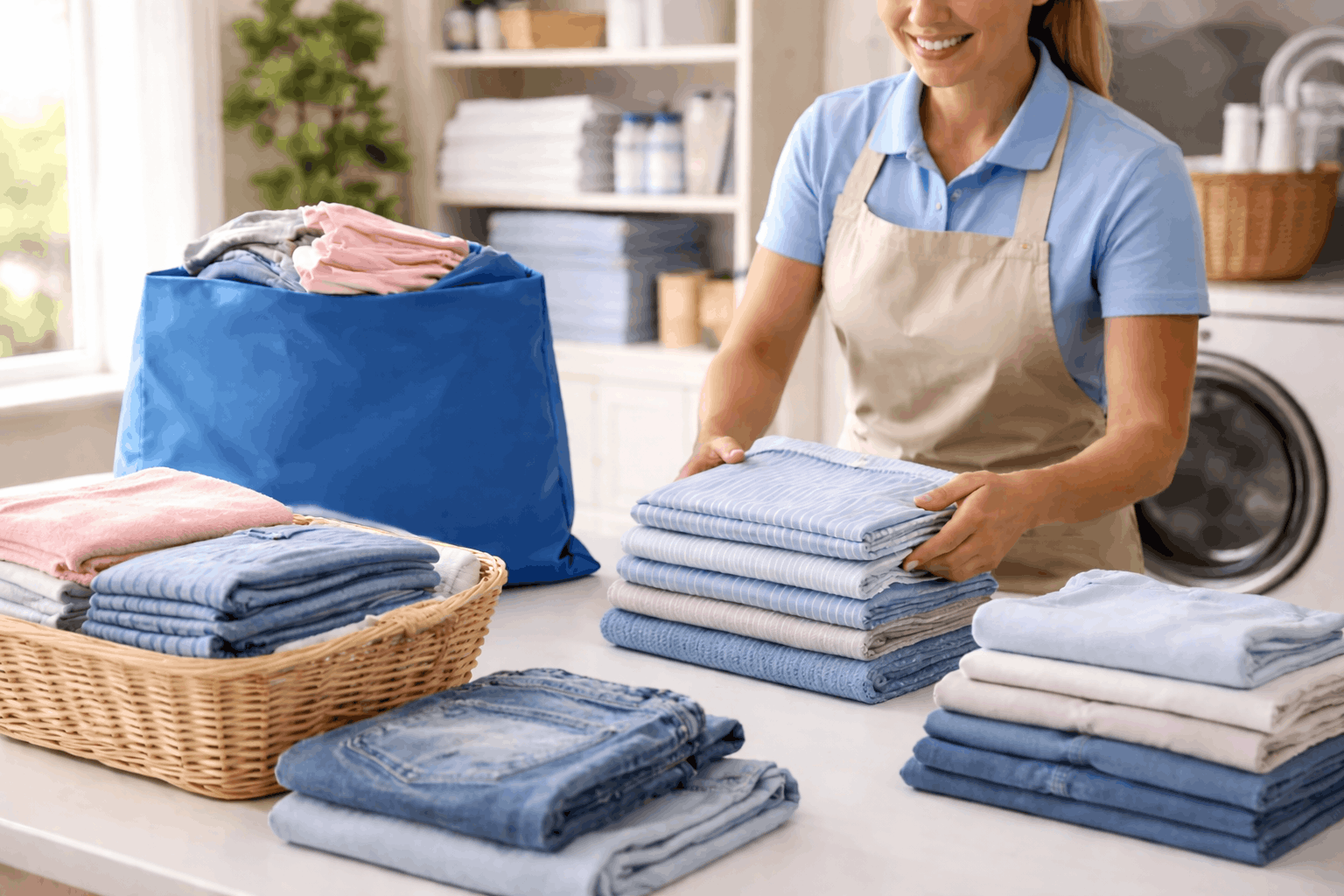 Woman folding and organising clean laundry into neat stacks at home