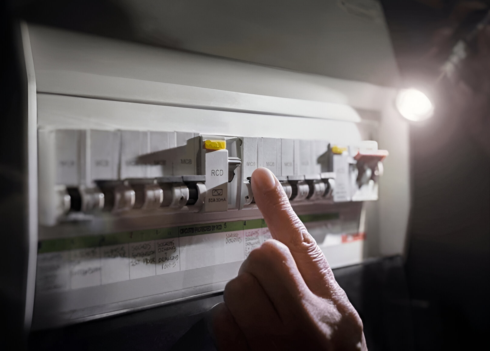 Home switchboard with RCD and circuit breakers being checked after repeated power tripping