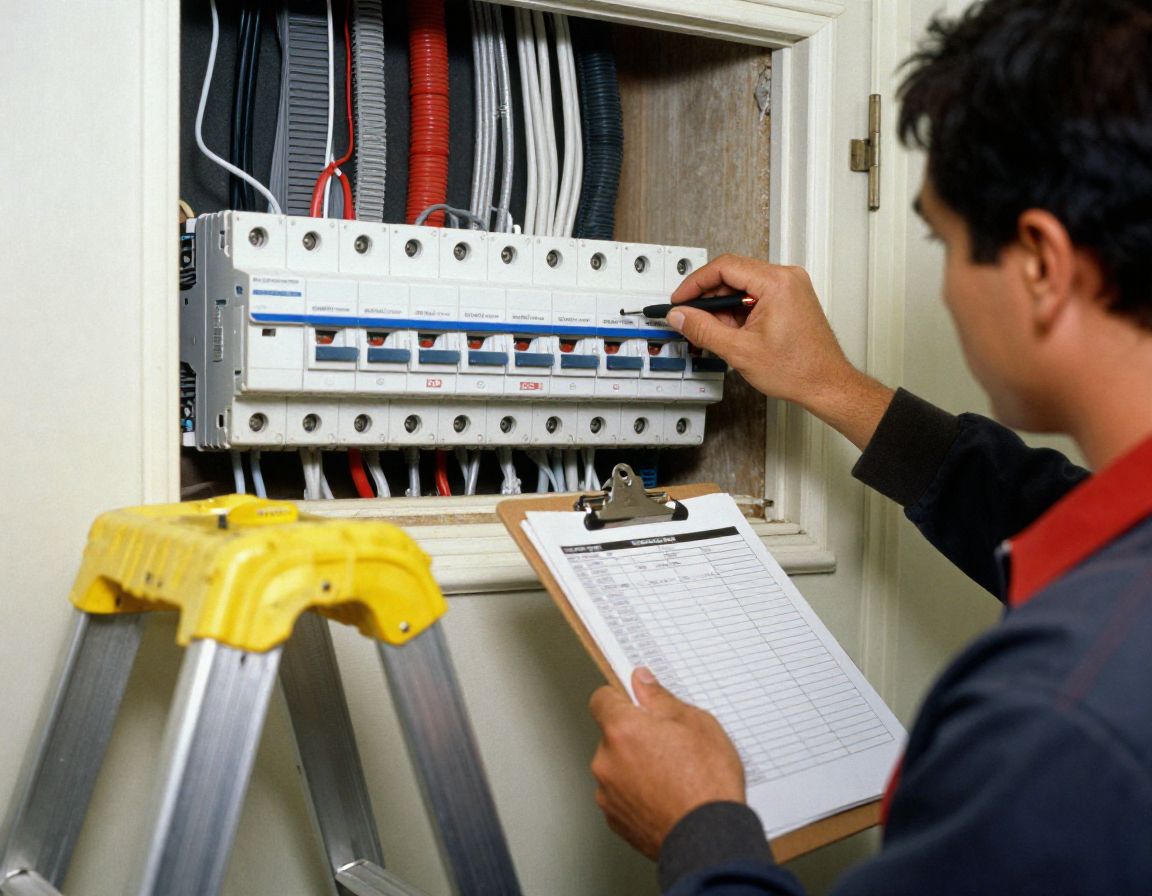 An Inner West Electrical technician inspects a residential switchboard with a clipboard for home electrical safety.