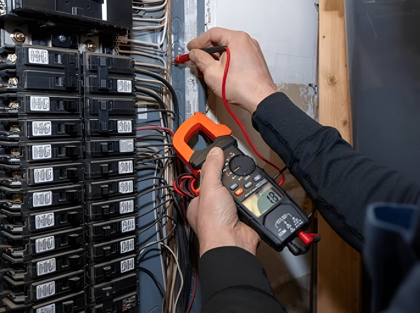 Inner West Electrical technician uses a digital multimeter to test wires during a residential switchboard upgrade.