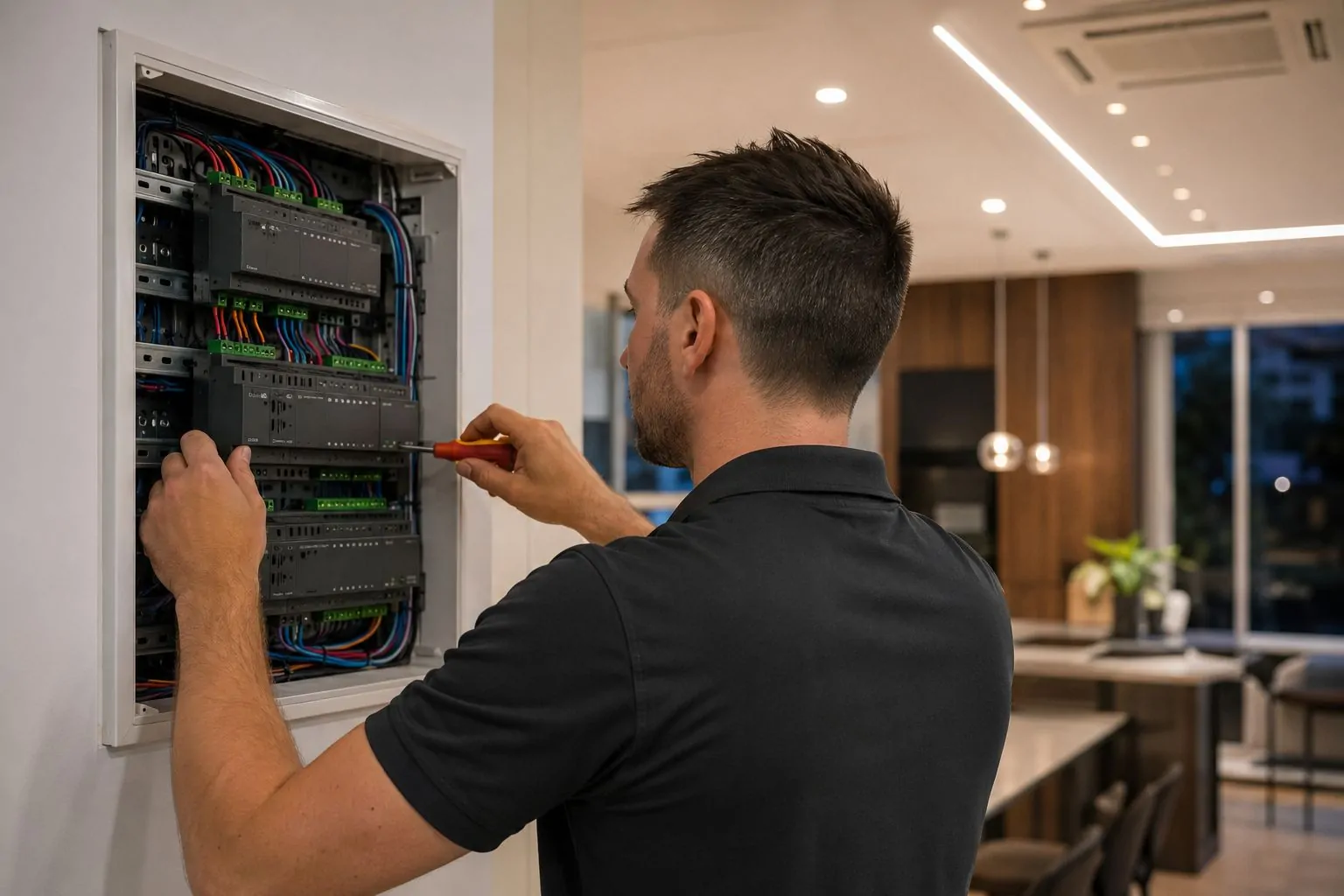 A technician uses a screwdriver to install a ControlFreq smart home control unit into a wall-mounted panel system.