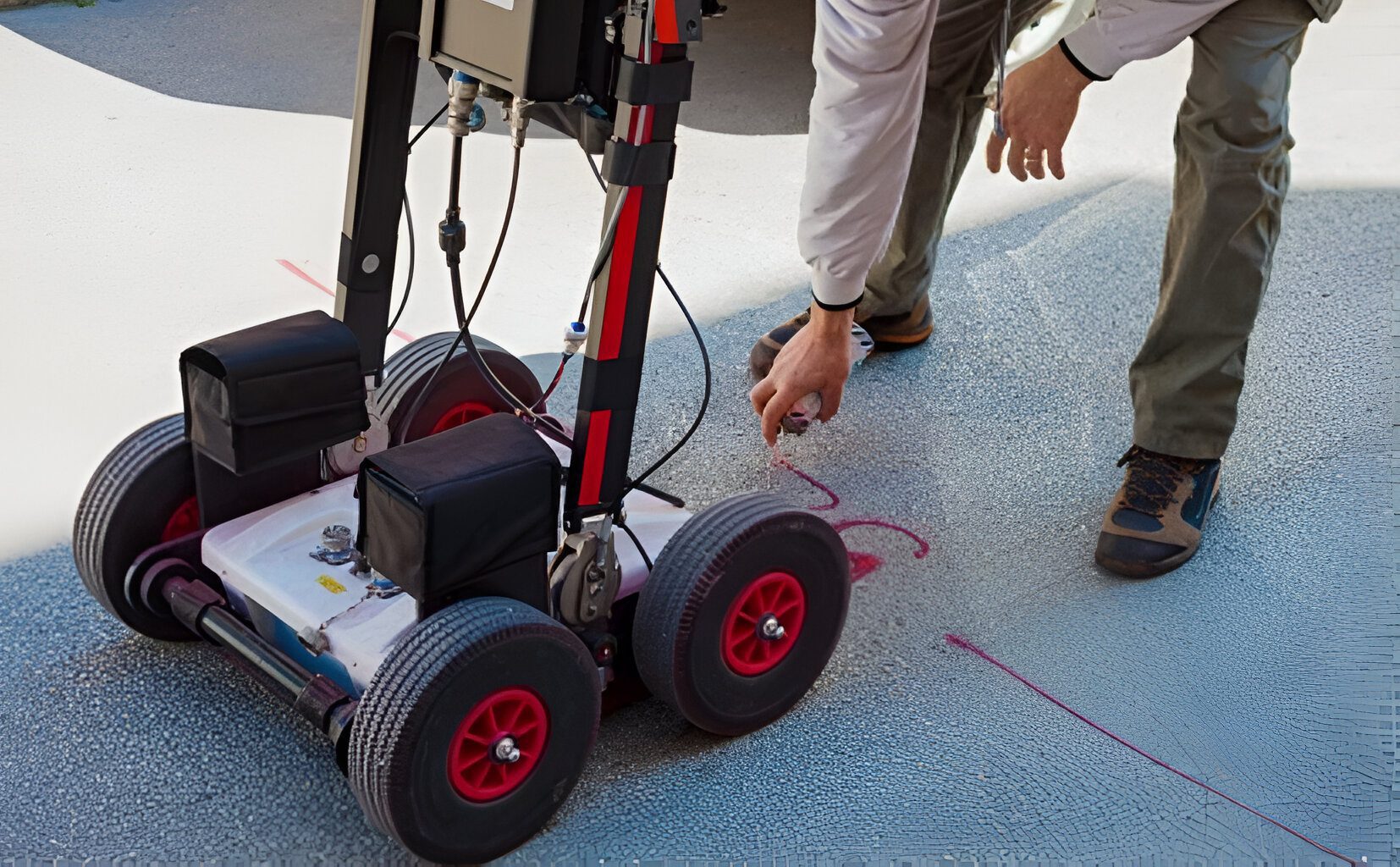 A person uses a spray can to mark pavement next to a wheeled ground penetrating radar device for utility location.
