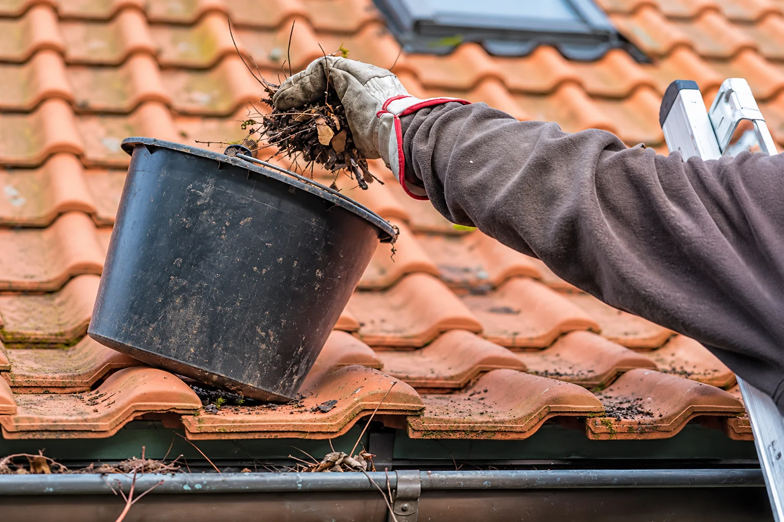 Worker cleaning roof gutters by removing leaves and debris to prevent blockages.