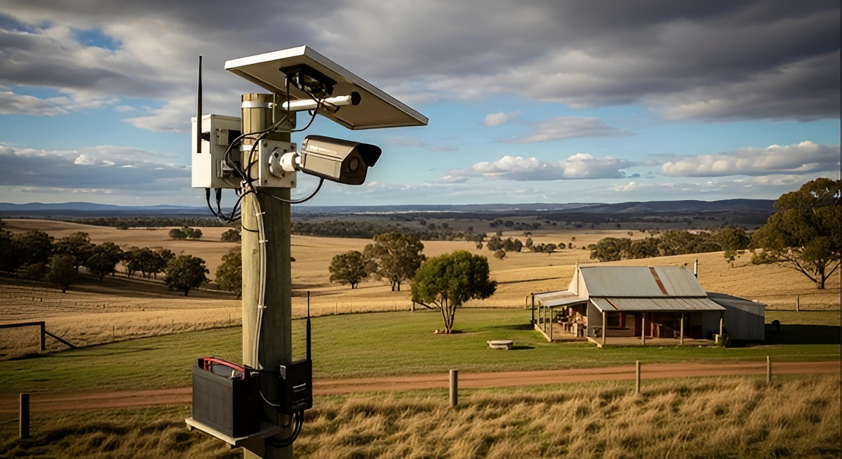 Solar-powered security camera on a post overlooking a rural farmstead in regional WA for property monitoring.