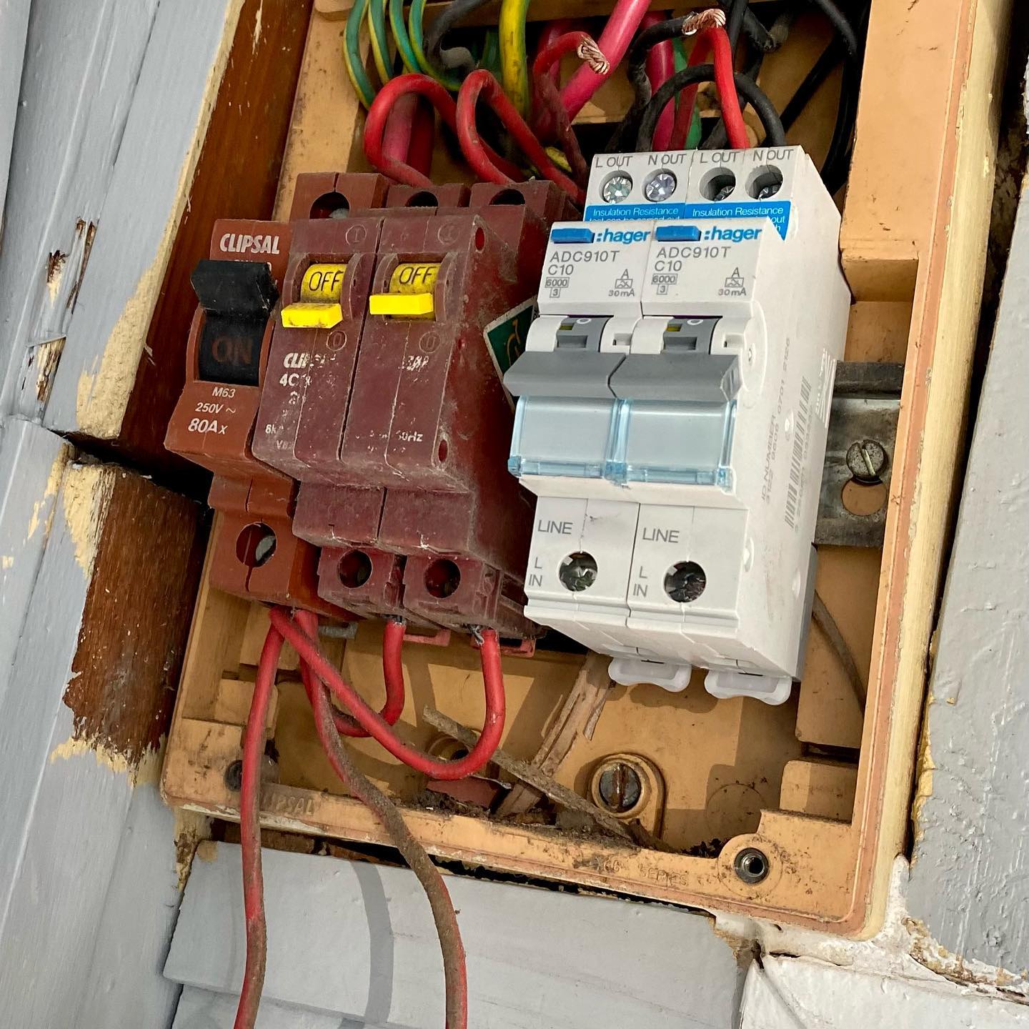 Residential switchboard upgrade by Inner West Electrical, replacing old Clipsal breakers with new Hager switches.