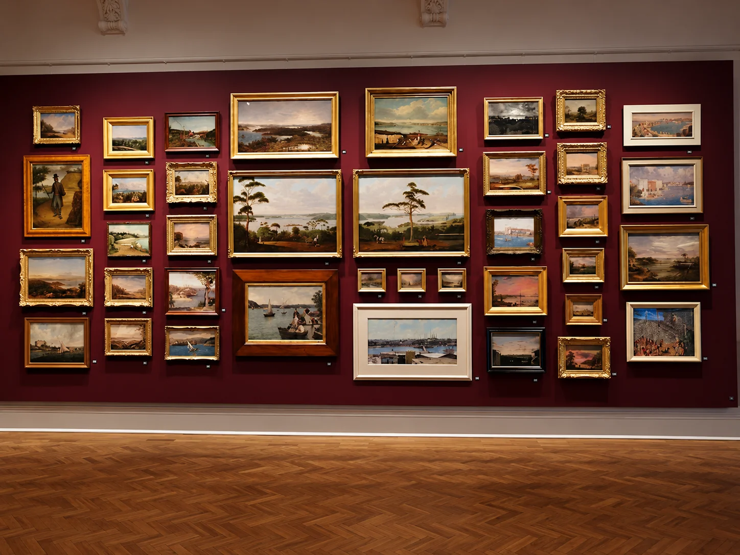 Historic landscape paintings displayed on a gallery wall, showcasing art attractions in Sydney.