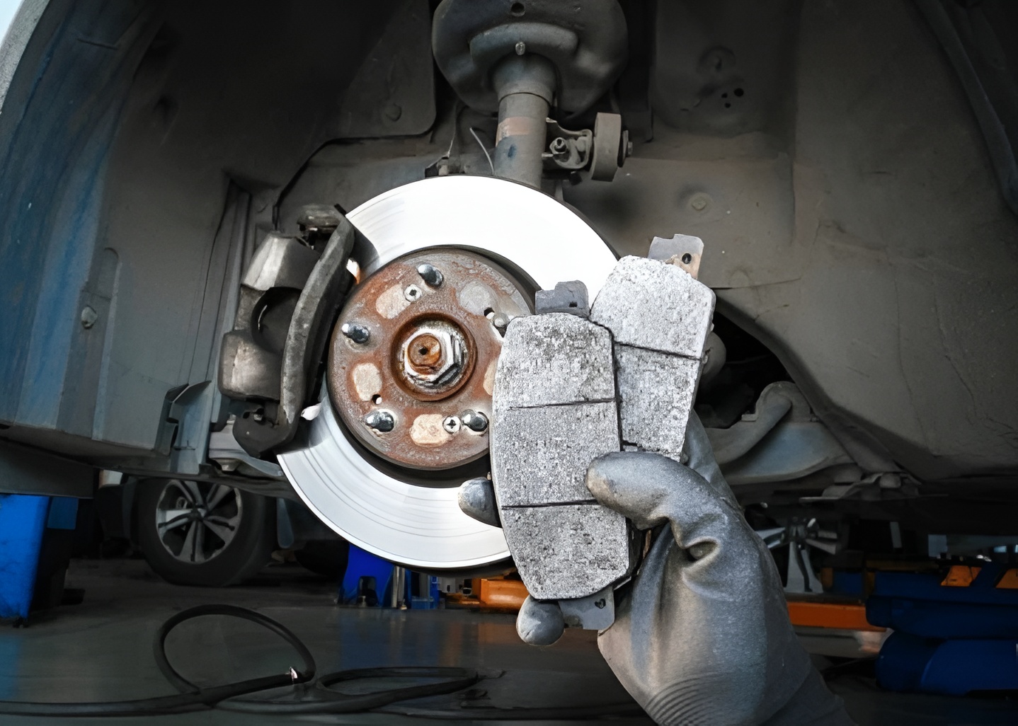 A gloved mechanic holds new brake pads near an exposed wheel assembly, a key check for car owners in Sydney.